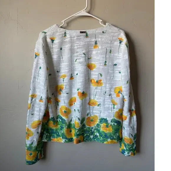 St. John Sport Floral Light Weight Knit Gold-Tone Button Cardigan Sz L Whimsical